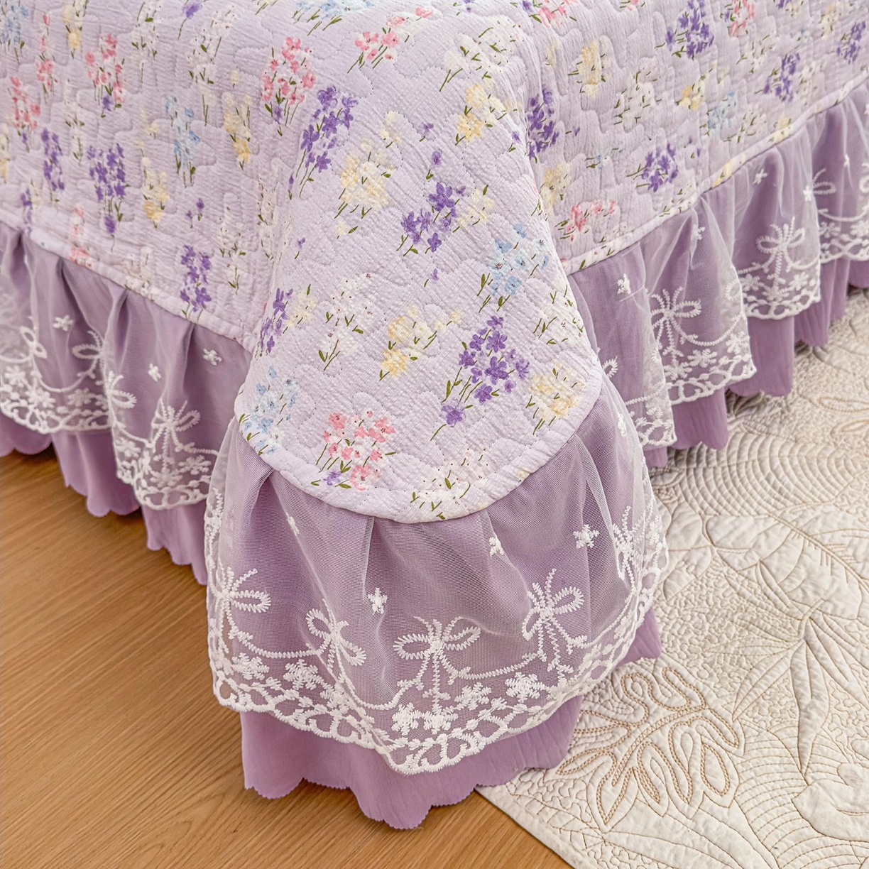 91家纺网 家纺一手货源 找家纺 雅眠居 2026直播爆款泡芙棉双层蕾丝花边床盖四件套 薰衣草