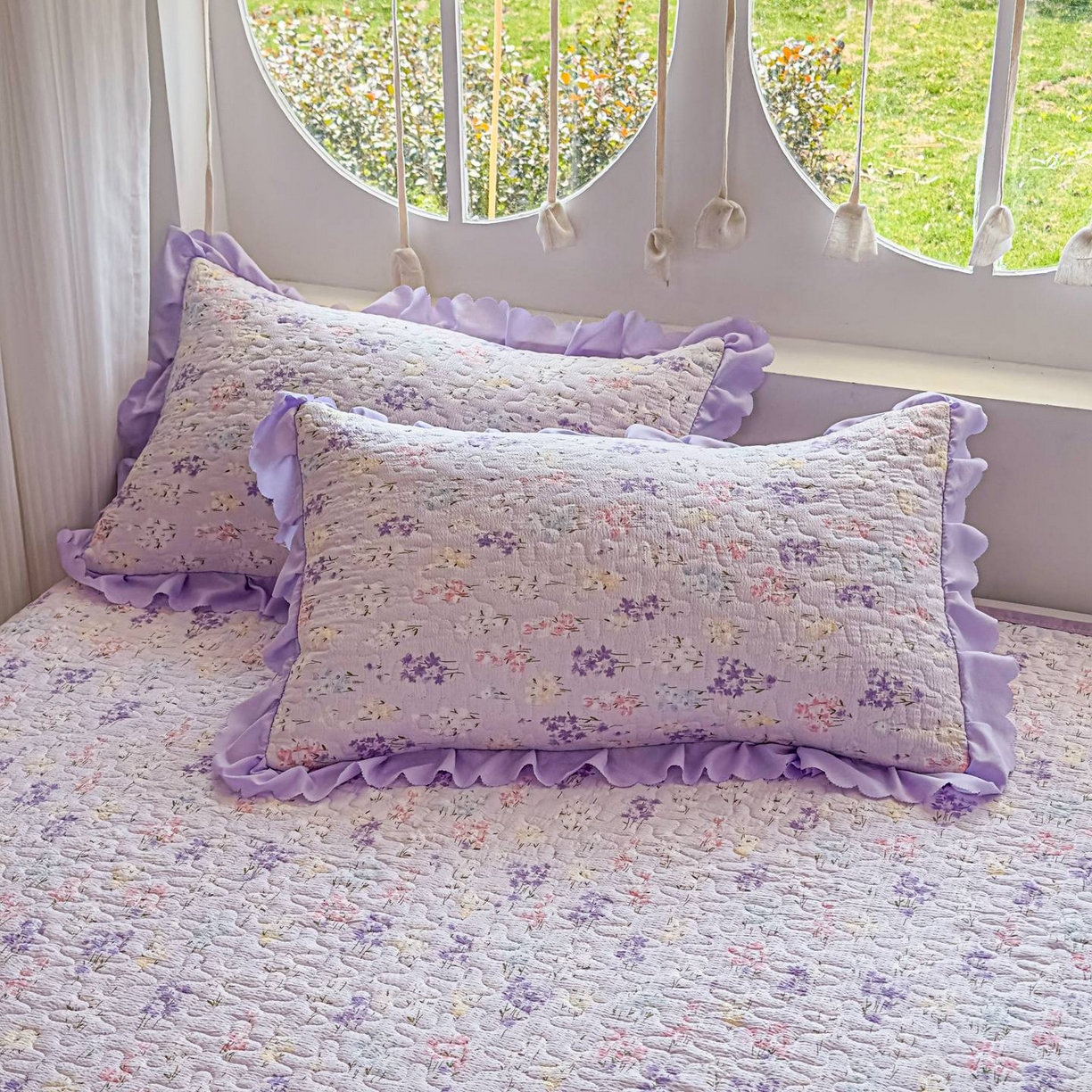 91家纺网 家纺一手货源 找家纺 雅眠居 2026直播爆款泡芙棉双层蕾丝花边床盖四件套 薰衣草