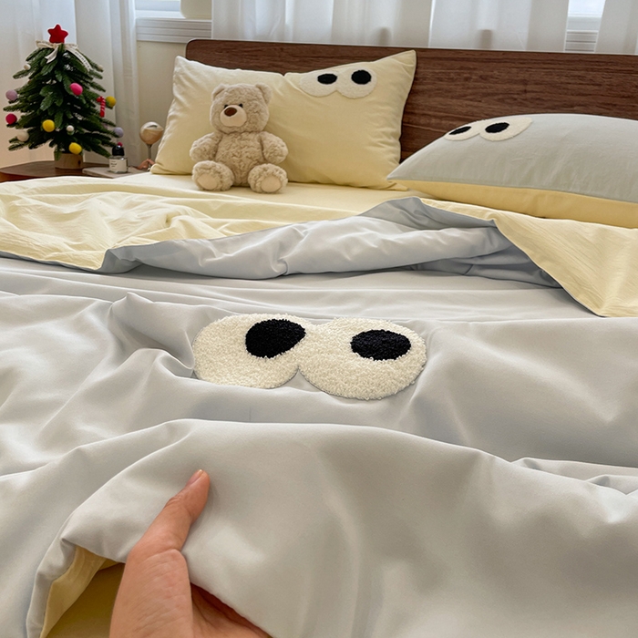 91家纺网 家纺一手货源 找家纺 桃心家居 2026春夏新款A类ins云柔水洗棉升级毛巾绣大眼睛大豆单夏被夏被四件套 水洗棉-大眼睛夏被海盐奶黄