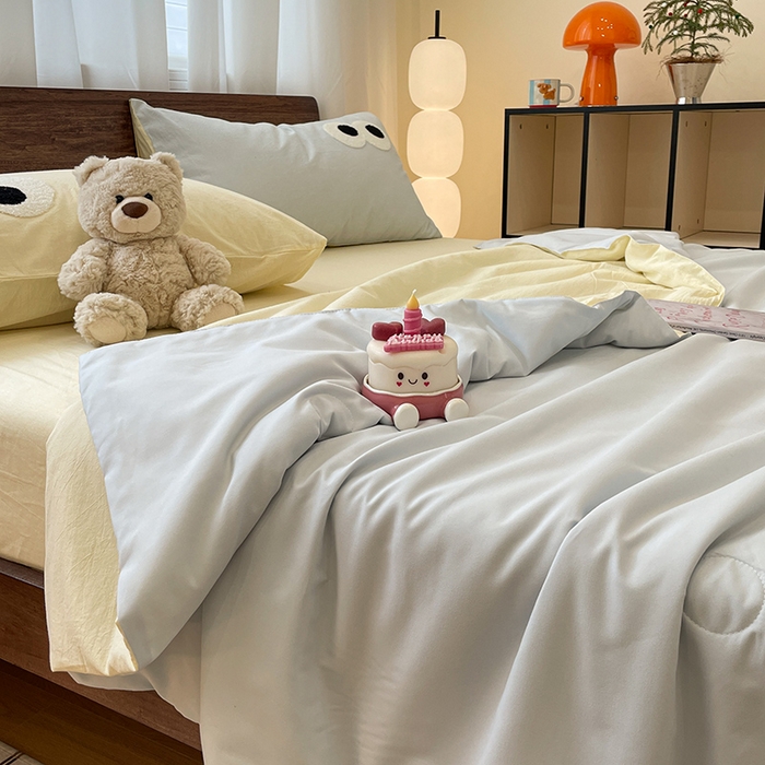 91家纺网 家纺一手货源 找家纺 桃心家居 2026春夏新款A类ins云柔水洗棉升级毛巾绣大眼睛大豆单夏被夏被四件套 水洗棉-大眼睛夏被海盐奶黄