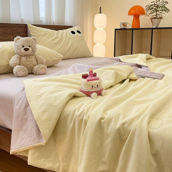 91家纺网 家纺一手货源 找家纺 桃心家居 2026春夏新款A类ins云柔水洗棉升级毛巾绣大眼睛大豆单夏被夏被四件套 水洗棉-大眼睛夏被奶油葡萄