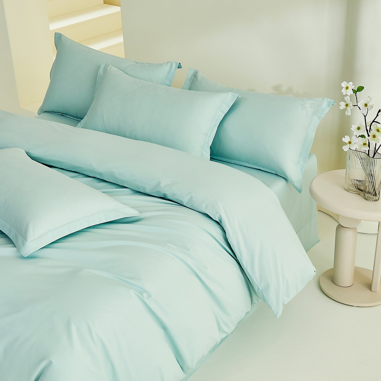 91家纺网 家纺一手货源 找家纺 元元家居（元元被业） 2026新款全棉纯棉13372床盖款四件套-纯色款 天梦蓝