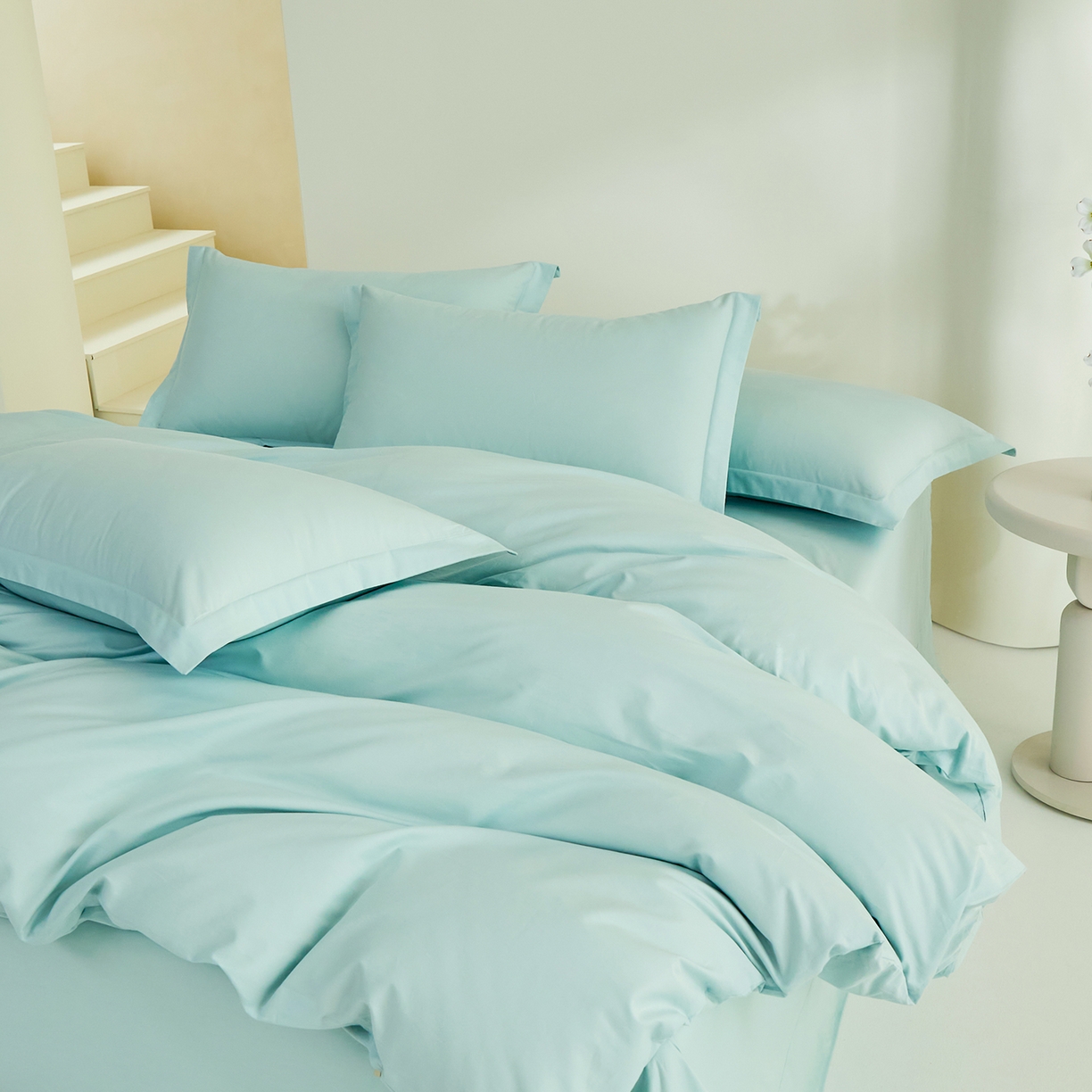 91家纺网 家纺一手货源 找家纺 元元家居（元元被业） 2026新款全棉纯棉13372床盖款四件套-纯色款 天梦蓝