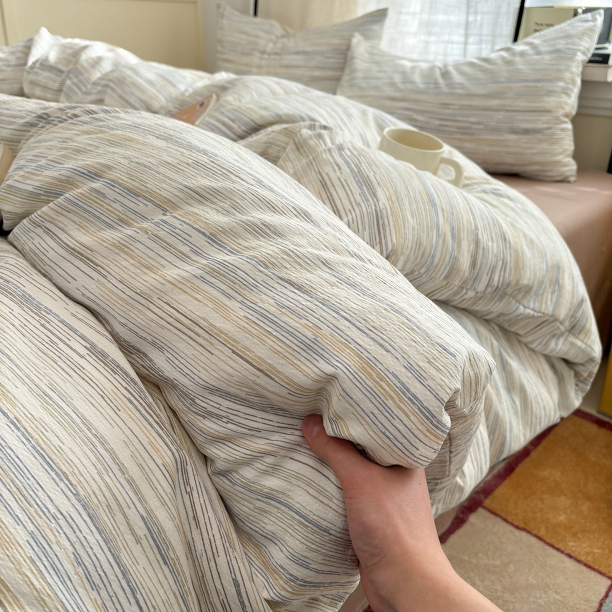 91家纺网 家纺一手货源 找家纺 N先生_2025新款牛奶绒纯色包边四件套 奶茶咖