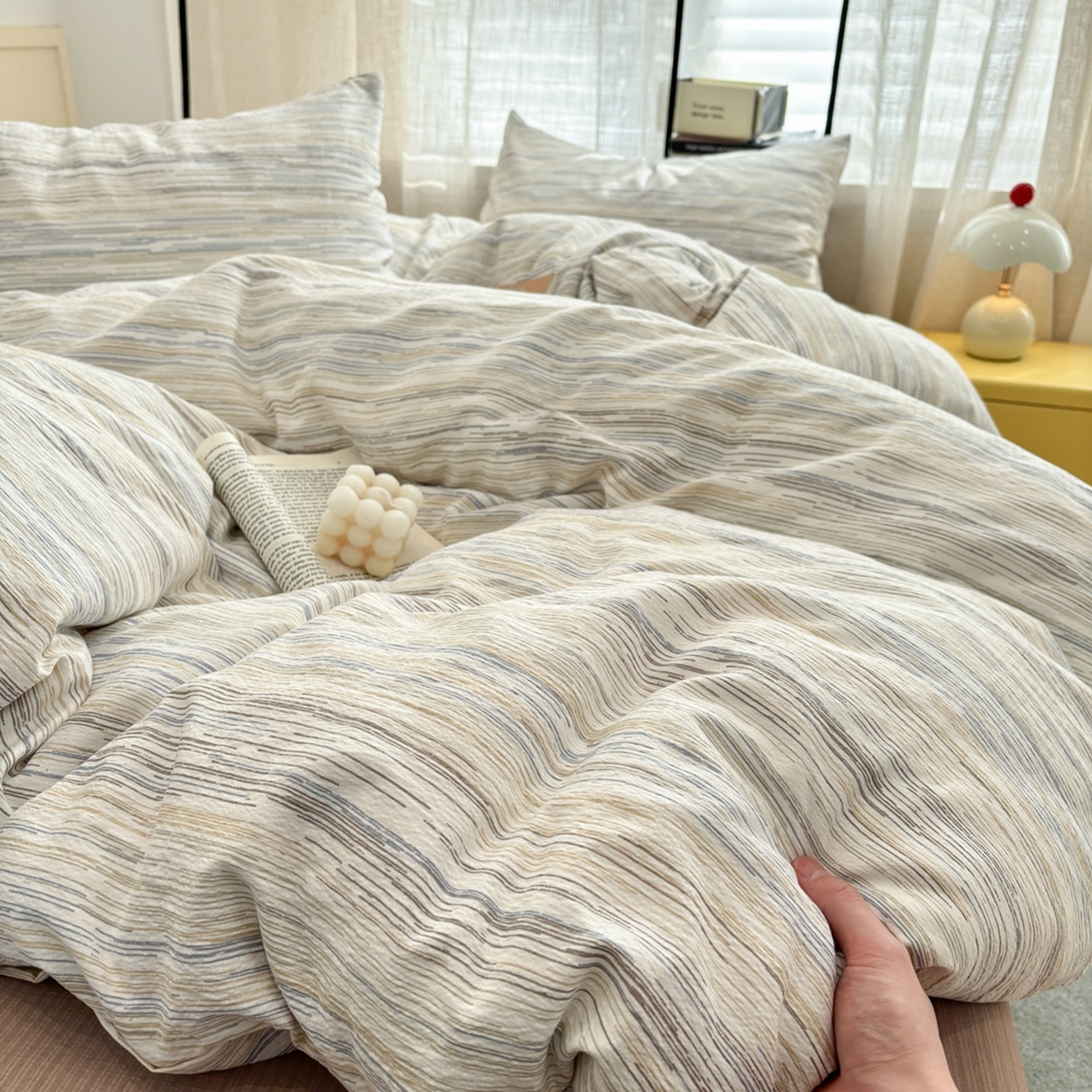 91家纺网 家纺一手货源 找家纺 （总）N先生+V 13814689556 发大图/买家秀 2026新款无印风泡芙双层纱四件套