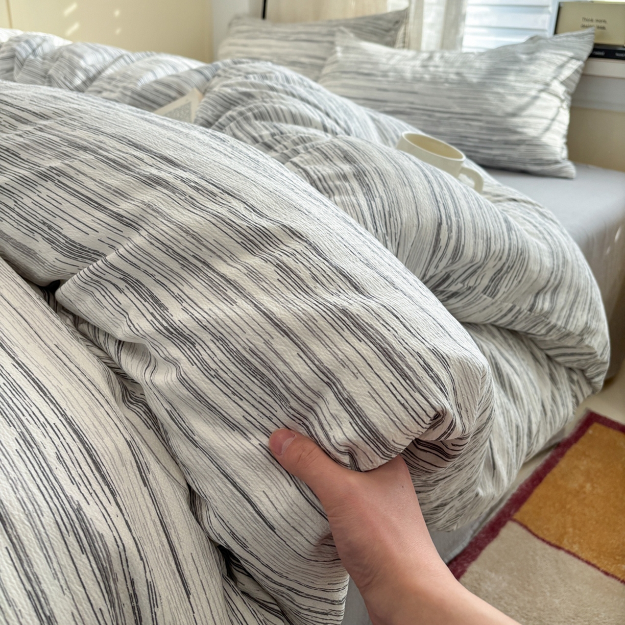 91家纺网 家纺一手货源 找家纺 （总）N先生+V 13814689556 发大图/买家秀 2026新款无印风泡芙双层纱四件套