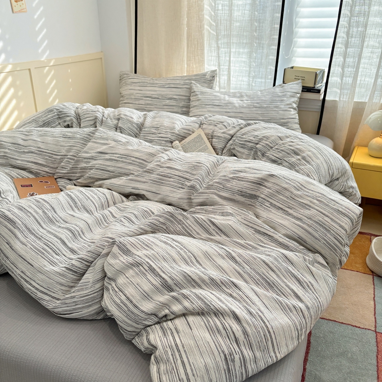 91家纺网 家纺一手货源 找家纺 N先生+V 13814689556 发大图/买家秀 2026新款无印风泡芙双层纱四件套 简兮-灰