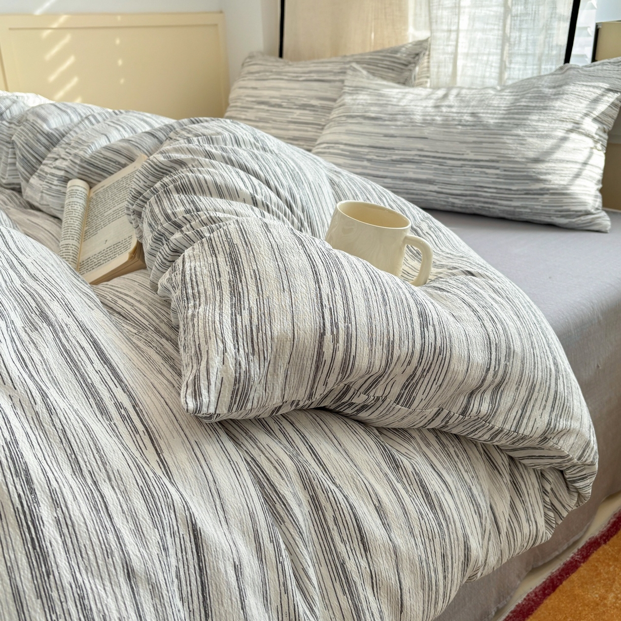 91家纺网 家纺一手货源 找家纺 N先生+V 13814689556 发大图/买家秀 2026新款无印风泡芙双层纱四件套 简兮-灰