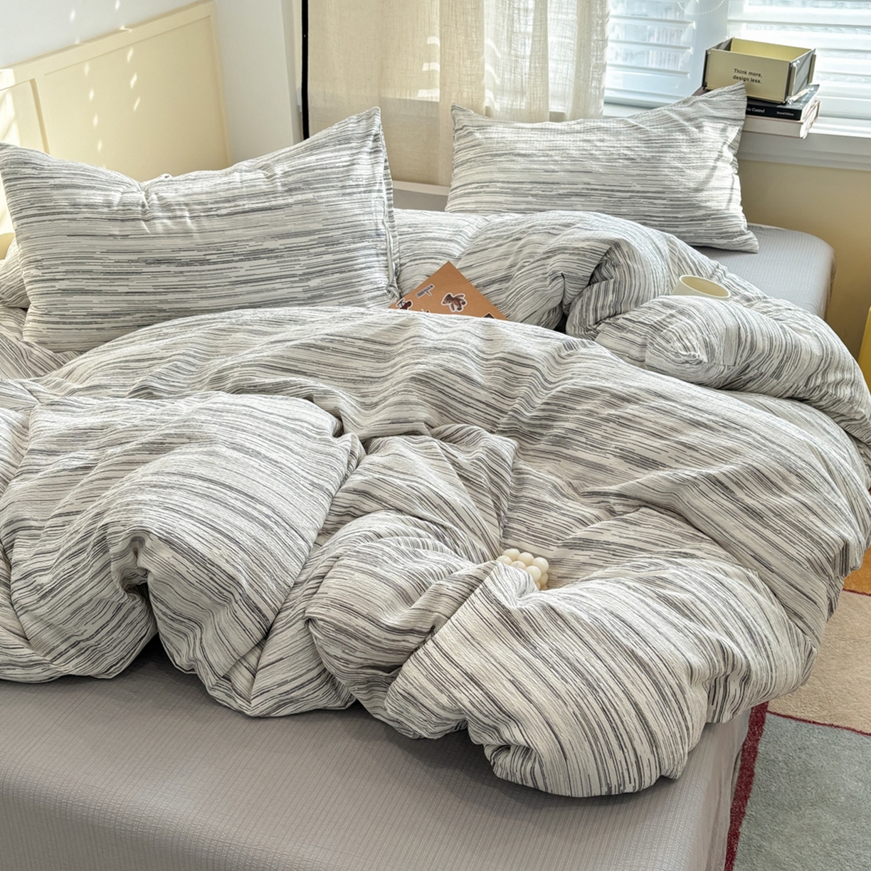 91家纺网 家纺一手货源 找家纺 N先生+V 13814689556 发大图/买家秀 2026新款无印风泡芙双层纱四件套 简兮-灰