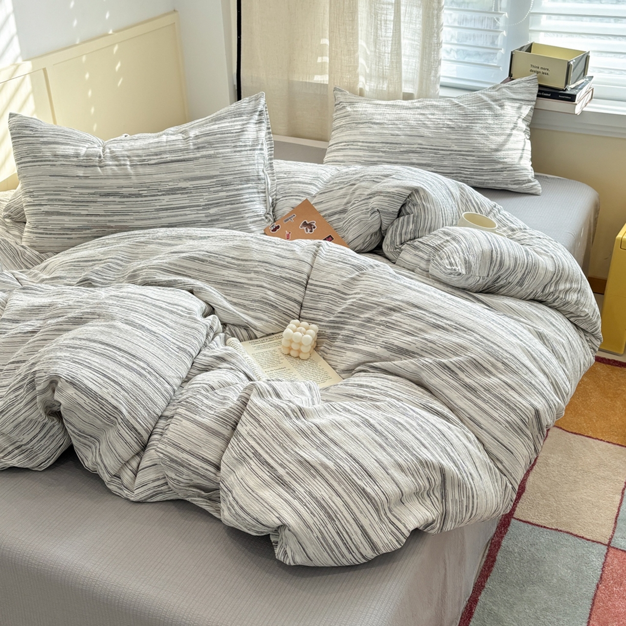 91家纺网 家纺一手货源 找家纺 N先生+V 13814689556 发大图/买家秀 2026新款无印风泡芙双层纱四件套 简兮-灰