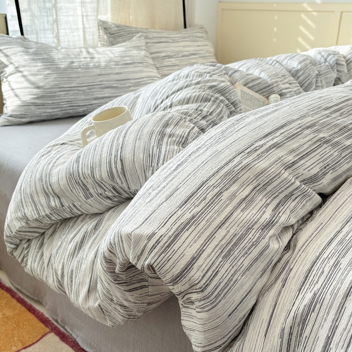 91家纺网 家纺一手货源 找家纺 N先生+V 13814689556 发大图/买家秀 2026新款无印风泡芙双层纱四件套 简兮-灰