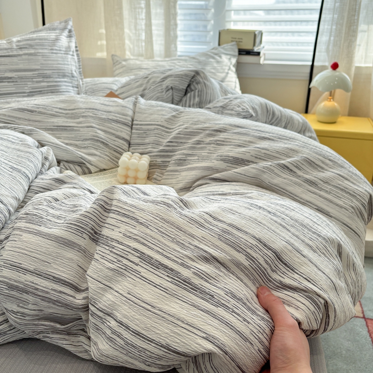 91家纺网 家纺一手货源 找家纺 N先生+V 13814689556 发大图/买家秀 2026新款无印风泡芙双层纱四件套 简兮-灰