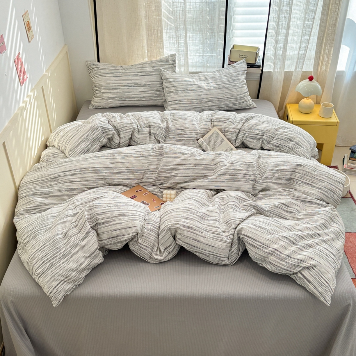 91家纺网 家纺一手货源 找家纺 N先生+V 13814689556 发大图/买家秀 2026新款无印风泡芙双层纱四件套 简兮-灰