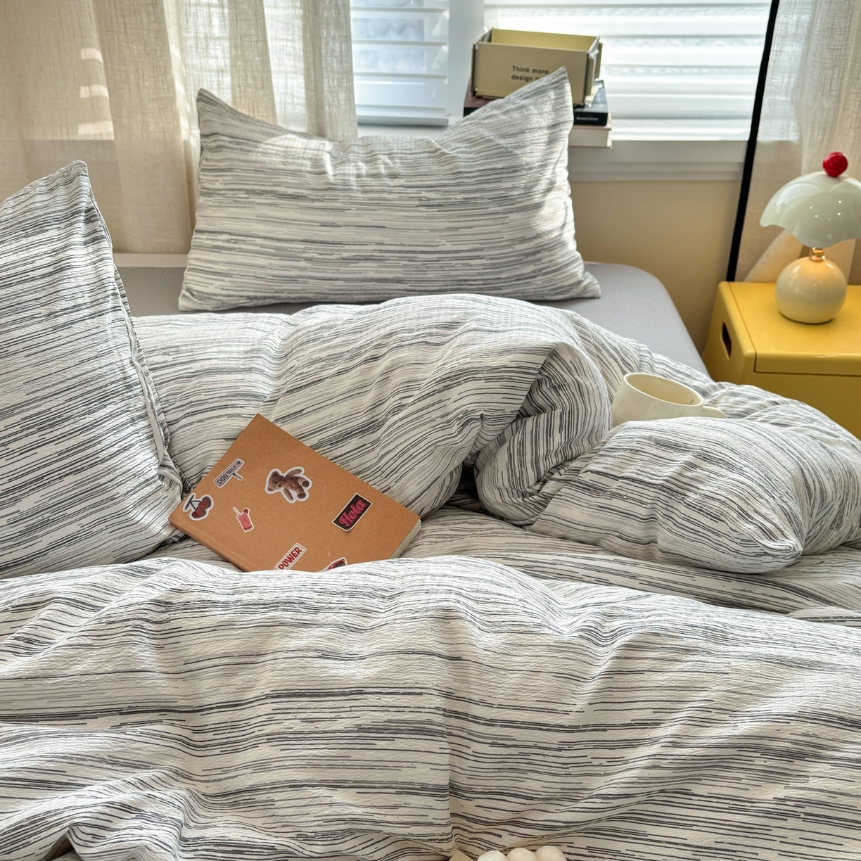 91家纺网 家纺一手货源 找家纺 N先生+V 13814689556 发大图/买家秀 2026新款无印风泡芙双层纱四件套 简兮-灰