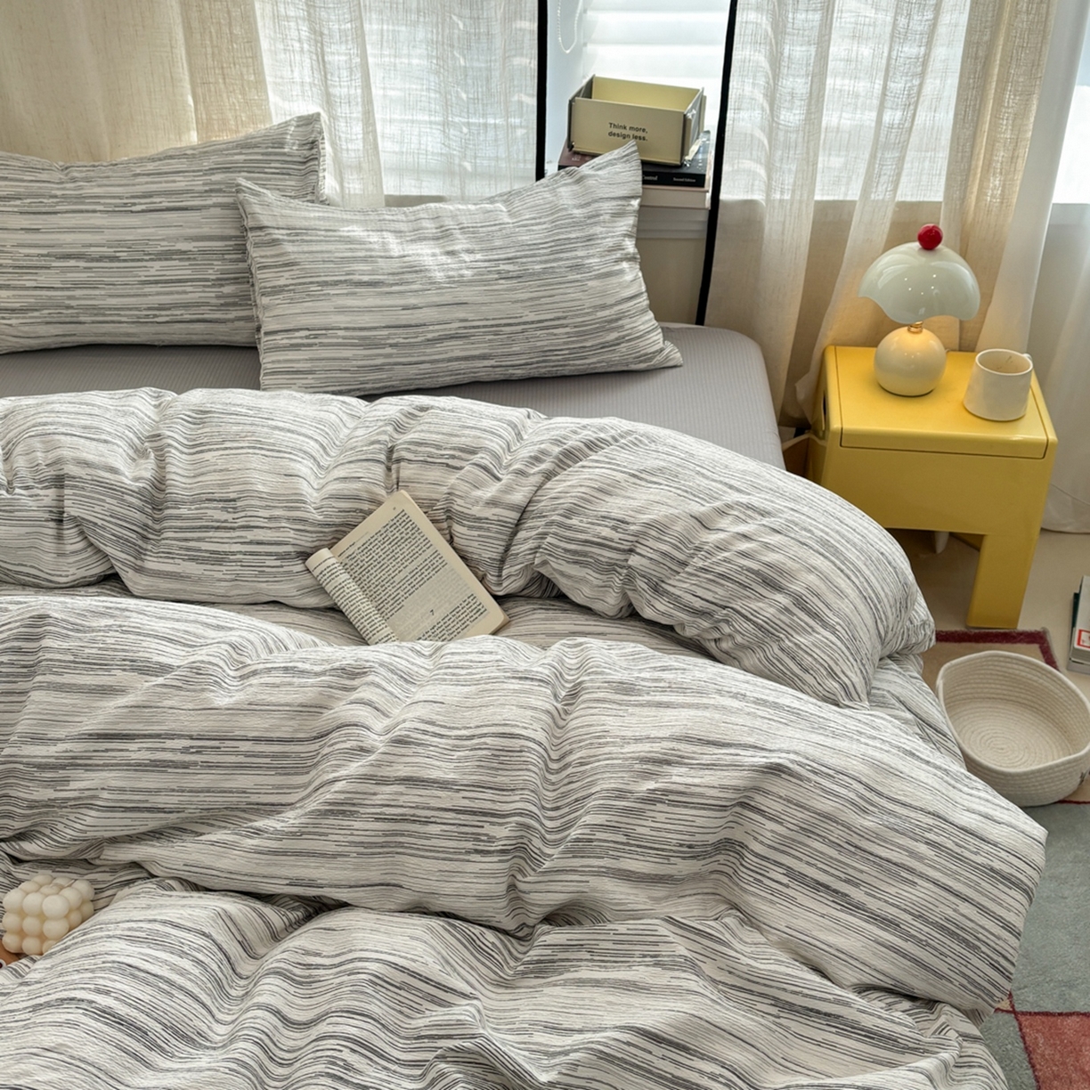91家纺网 家纺一手货源 找家纺 N先生+V 13814689556 发大图/买家秀 2026新款无印风泡芙双层纱四件套 简兮-灰