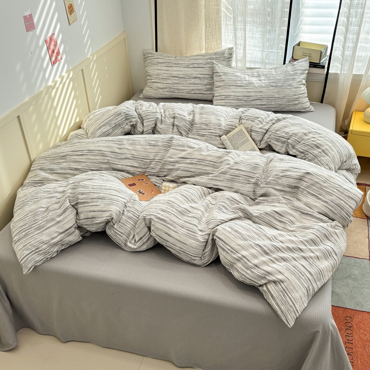 91家纺网 家纺一手货源 找家纺 N先生+V 13814689556 发大图/买家秀 2026新款无印风泡芙双层纱四件套 简兮-灰