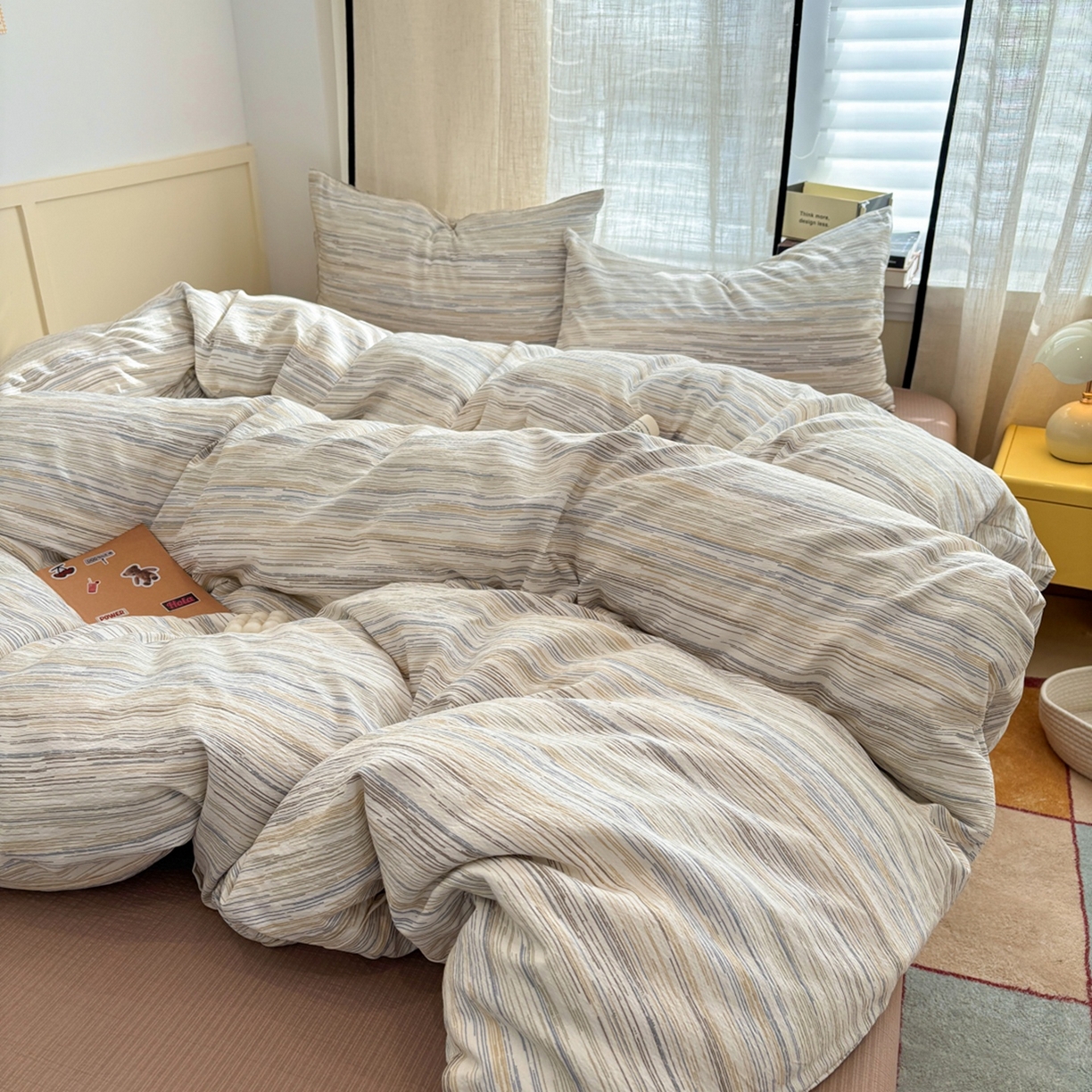 91家纺网 家纺一手货源 找家纺 N先生+V 13814689556 发大图/买家秀 2026新款无印风泡芙双层纱四件套 简兮-咖