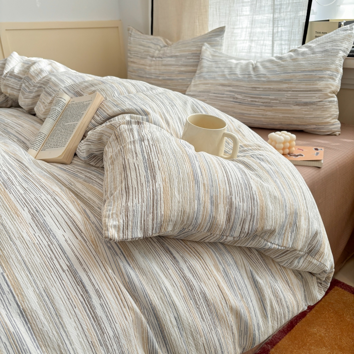 91家纺网 家纺一手货源 找家纺 N先生+V 13814689556 发大图/买家秀 2026新款无印风泡芙双层纱四件套 简兮-咖