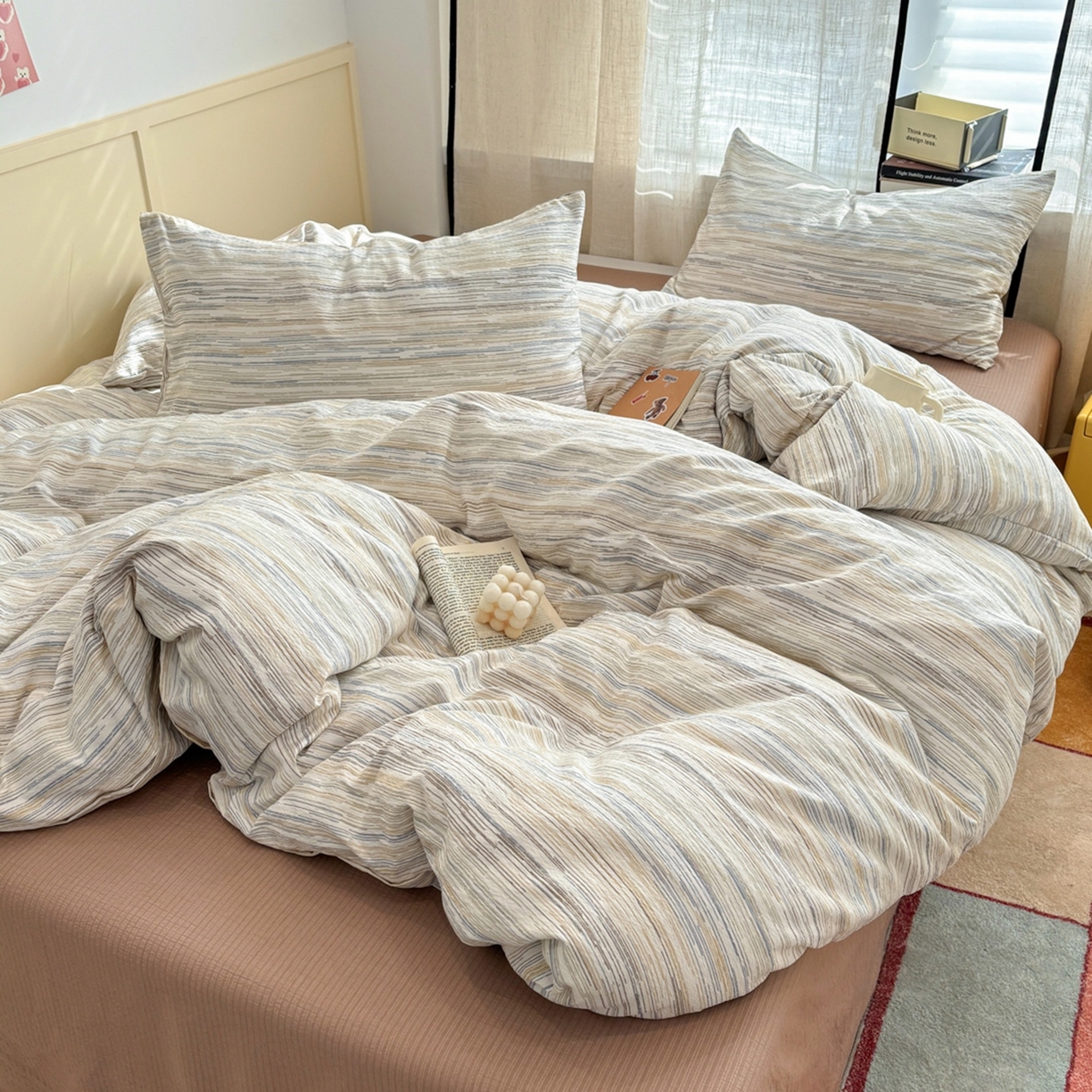 91家纺网 家纺一手货源 找家纺 N先生+V 13814689556 发大图/买家秀 2026新款无印风泡芙双层纱四件套 简兮-咖