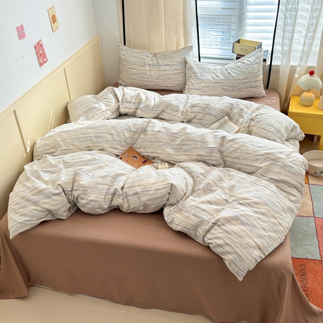 91家纺网 家纺一手货源 找家纺 N先生+V 13814689556 发大图/买家秀 2026新款无印风泡芙双层纱四件套 简兮-咖