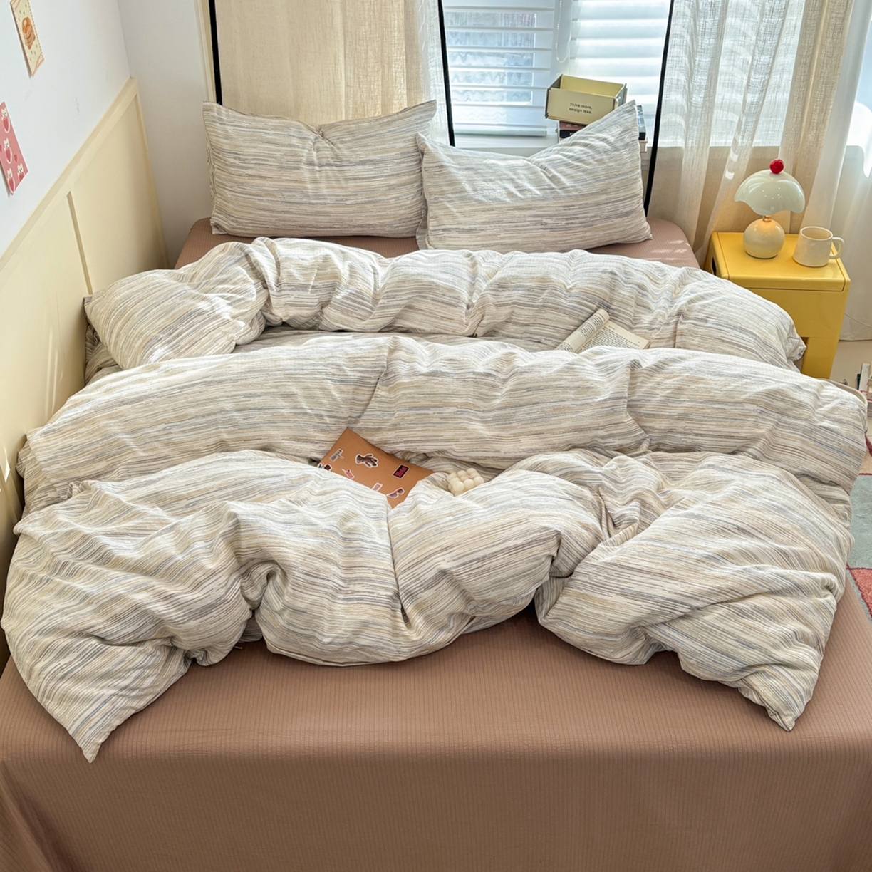 91家纺网 家纺一手货源 找家纺 N先生+V 13814689556 发大图/买家秀 2026新款无印风泡芙双层纱四件套 简兮-咖