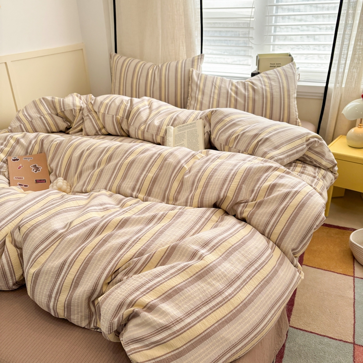 91家纺网 家纺一手货源 找家纺 N先生+V 13814689556 发大图/买家秀 2026新款无印风泡芙双层纱四件套 栖然-黄