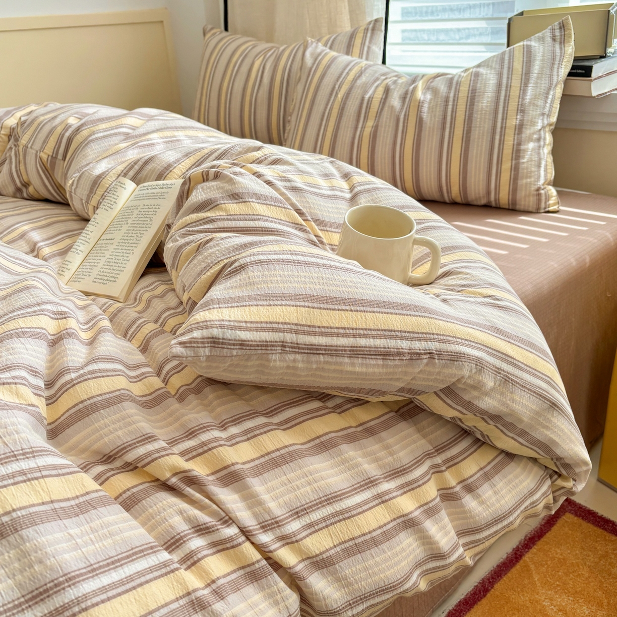 91家纺网 家纺一手货源 找家纺 N先生+V 13814689556 发大图/买家秀 2026新款无印风泡芙双层纱四件套 栖然-黄