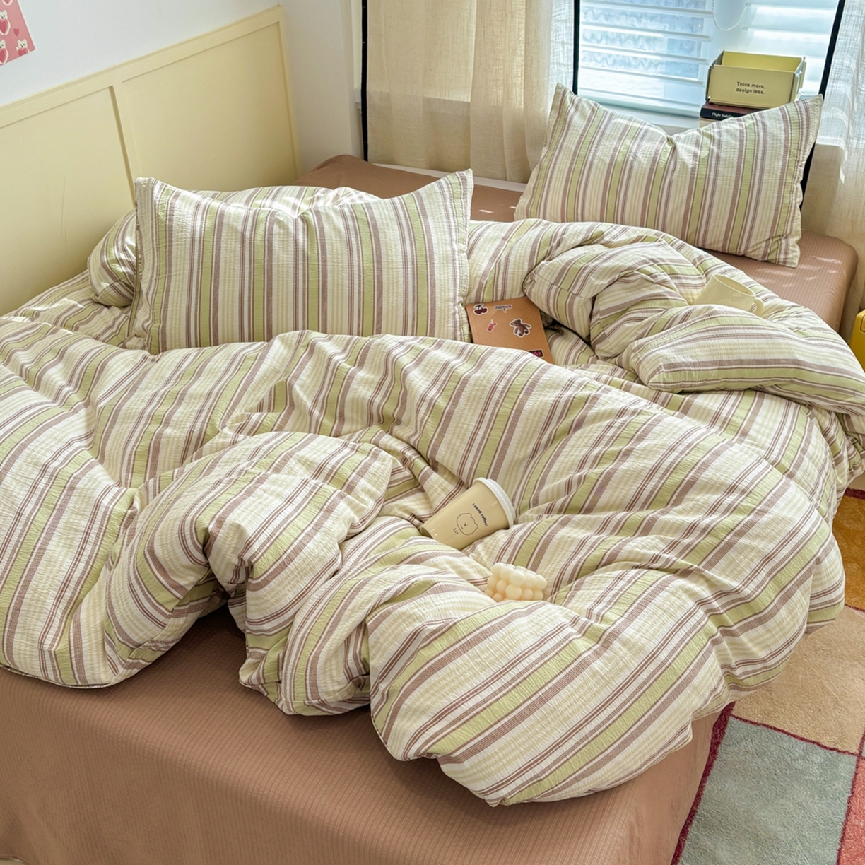 91家纺网 家纺一手货源 找家纺 N先生+V 13814689556 发大图/买家秀 2026新款无印风泡芙双层纱四件套 栖然-绿