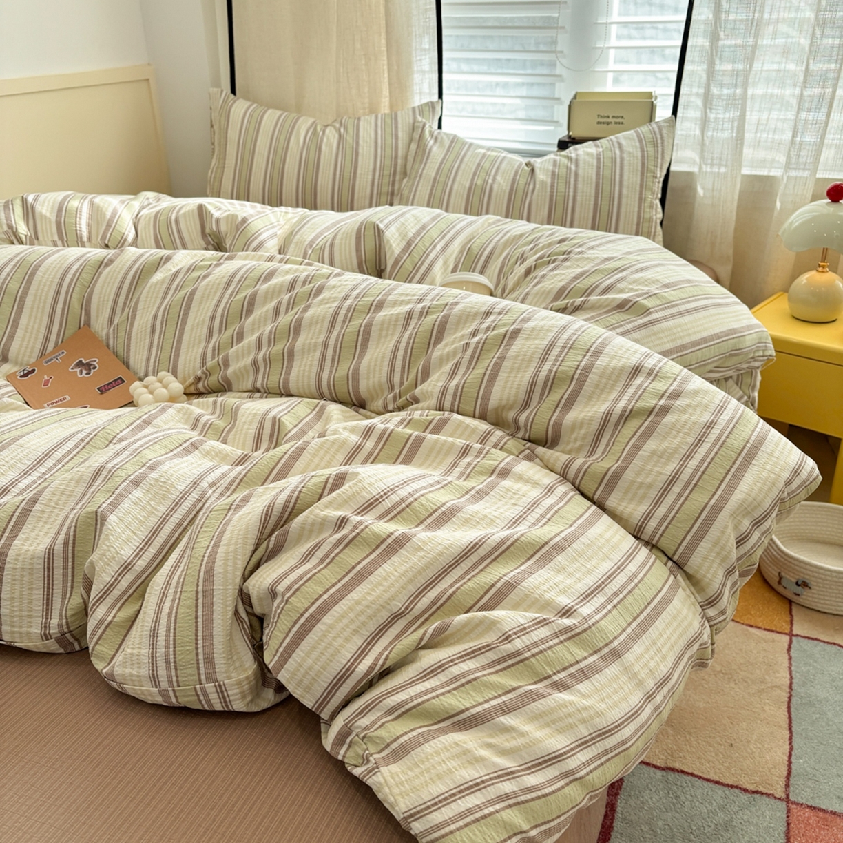 91家纺网 家纺一手货源 找家纺 N先生+V 13814689556 发大图/买家秀 2026新款无印风泡芙双层纱四件套 栖然-绿