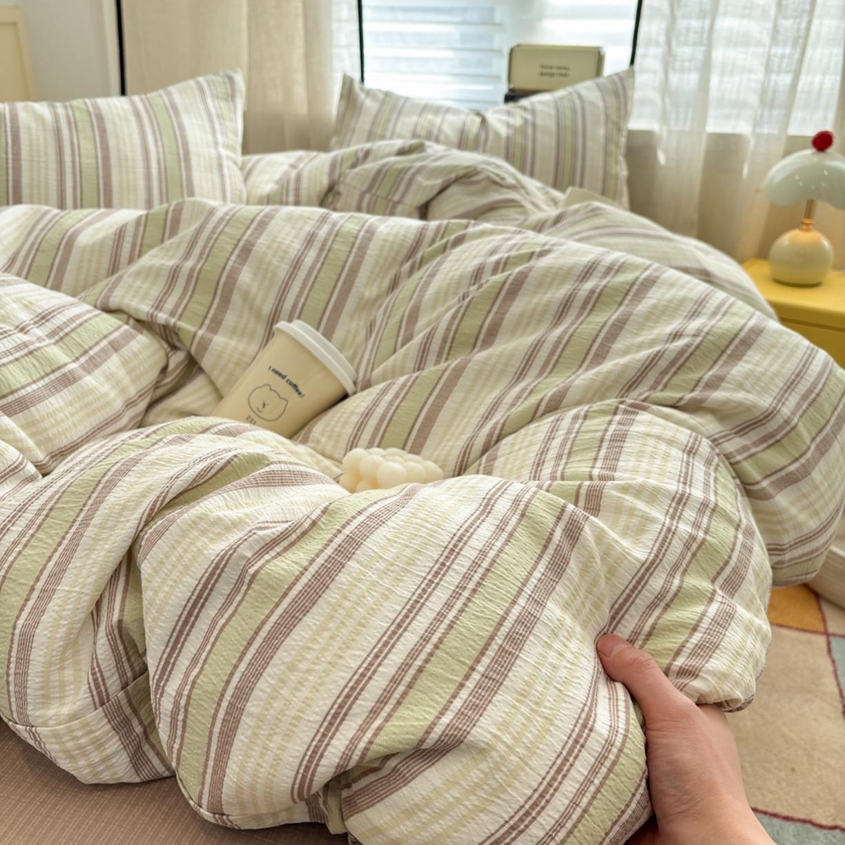 91家纺网 家纺一手货源 找家纺 N先生+V 13814689556 发大图/买家秀 2026新款无印风泡芙双层纱四件套 栖然-绿