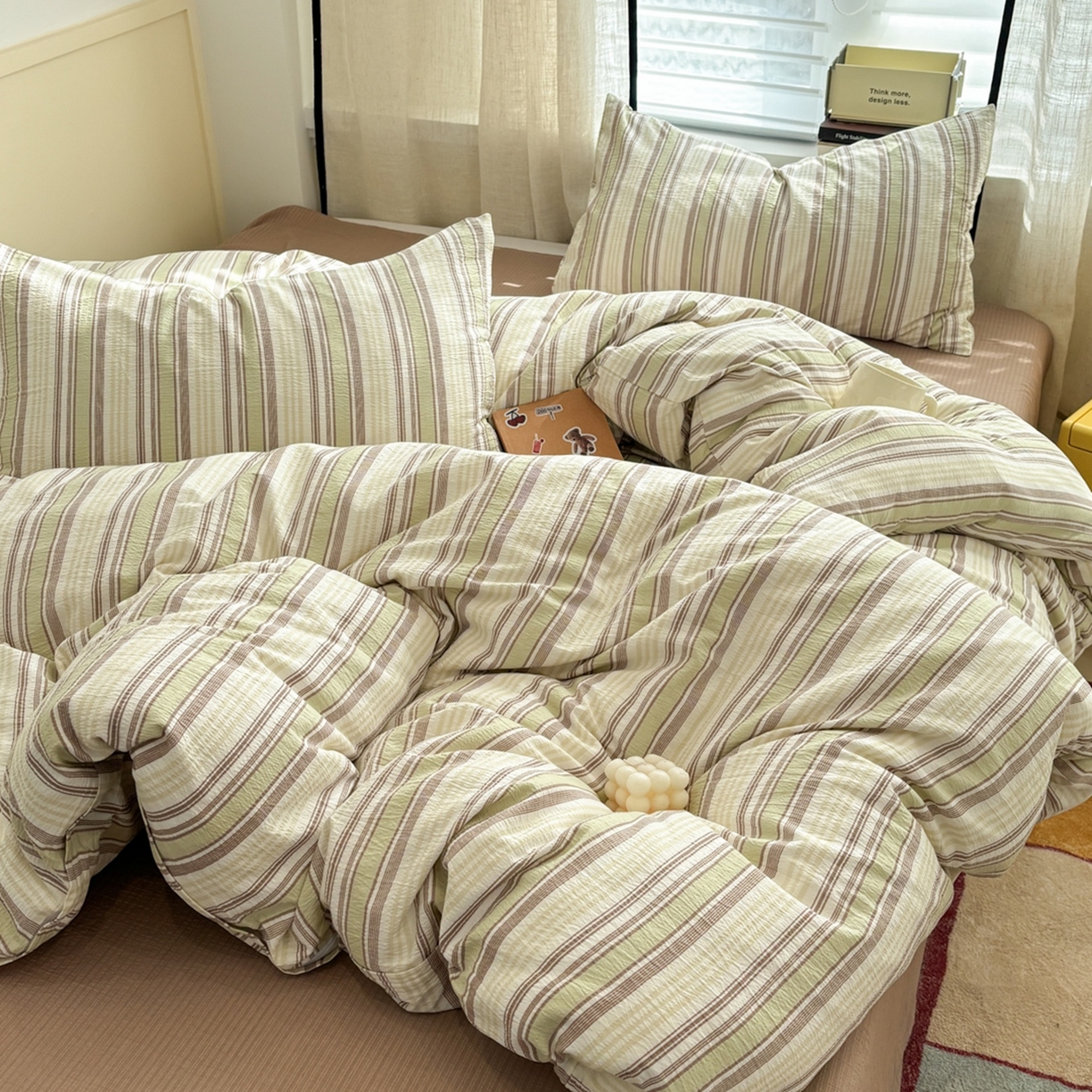 91家纺网 家纺一手货源 找家纺 N先生+V 13814689556 发大图/买家秀 2026新款无印风泡芙双层纱四件套 栖然-绿