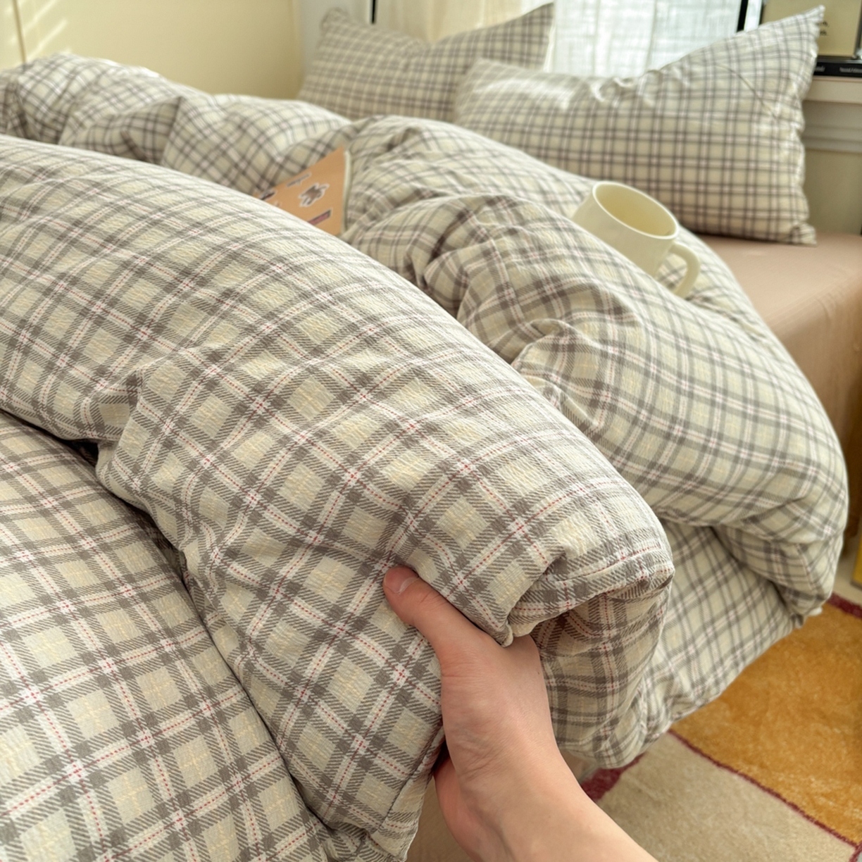 N先生+V 13814689556 发大图/买家秀 2026新款无印风泡芙双层纱四件套 知禾-咖