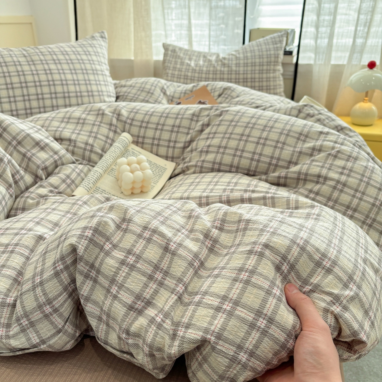 91家纺网 家纺一手货源 找家纺 N先生+V 13814689556 发大图/买家秀 2026新款无印风泡芙双层纱四件套 知禾-咖