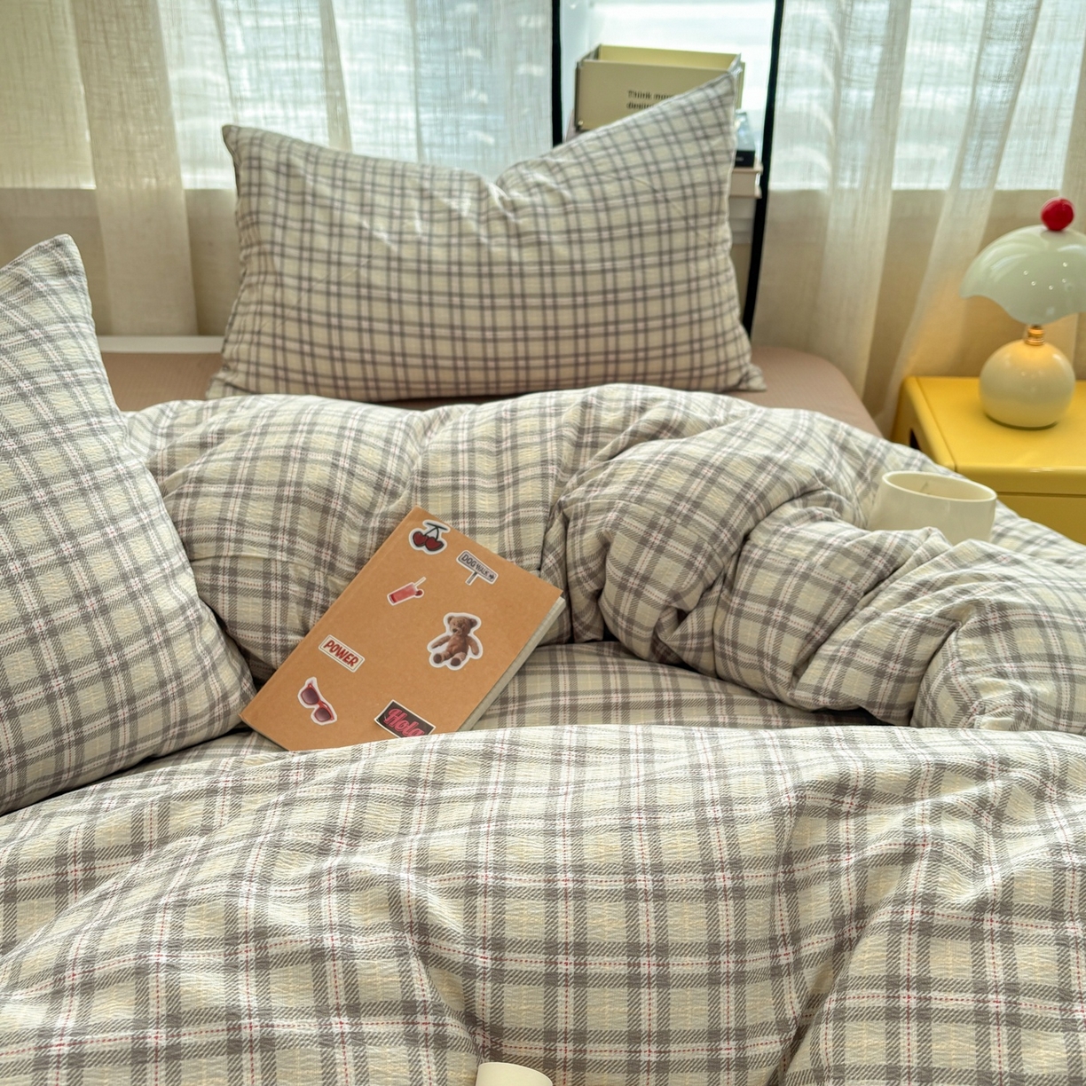 91家纺网 家纺一手货源 找家纺 N先生+V 13814689556 发大图/买家秀 2026新款无印风泡芙双层纱四件套 知禾-咖