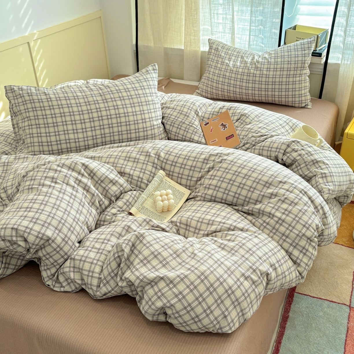 91家纺网 家纺一手货源 找家纺 N先生+V 13814689556 发大图/买家秀 2026新款无印风泡芙双层纱四件套 知禾-咖