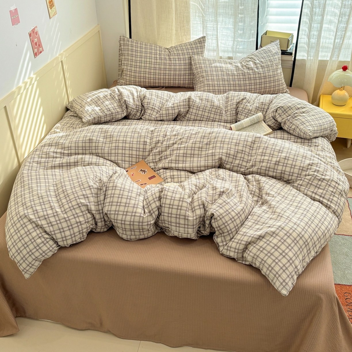 91家纺网 家纺一手货源 找家纺 N先生+V 13814689556 发大图/买家秀 2026新款无印风泡芙双层纱四件套 知禾-咖