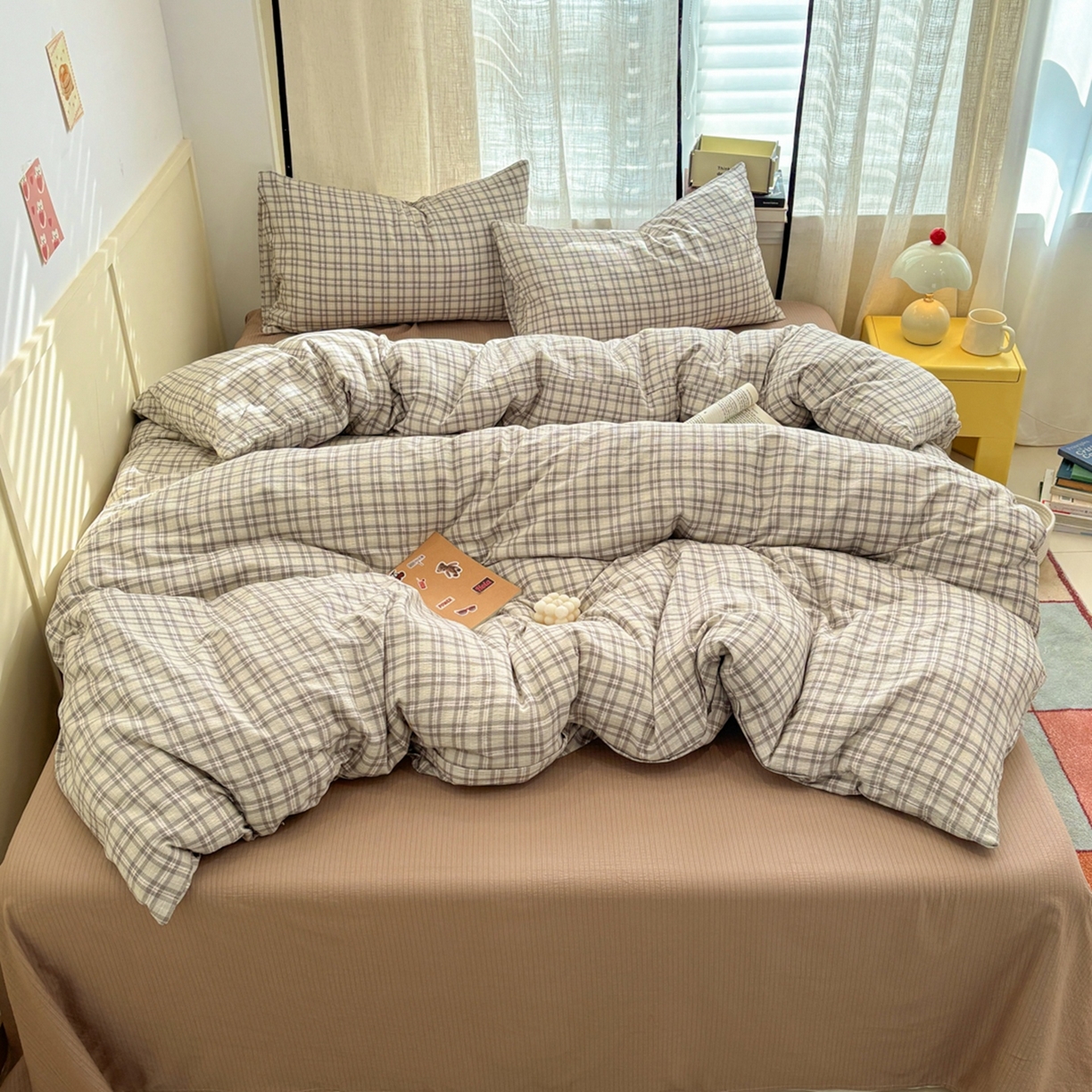 91家纺网 家纺一手货源 找家纺 N先生+V 13814689556 发大图/买家秀 2026新款无印风泡芙双层纱四件套 知禾-咖