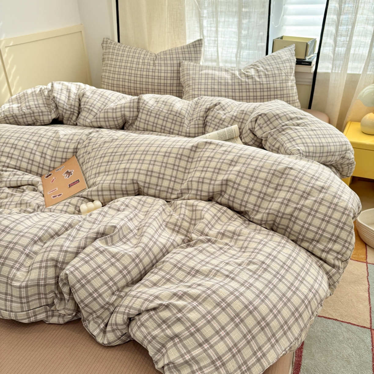 91家纺网 家纺一手货源 找家纺 N先生+V 13814689556 发大图/买家秀 2026新款无印风泡芙双层纱四件套 知禾-咖