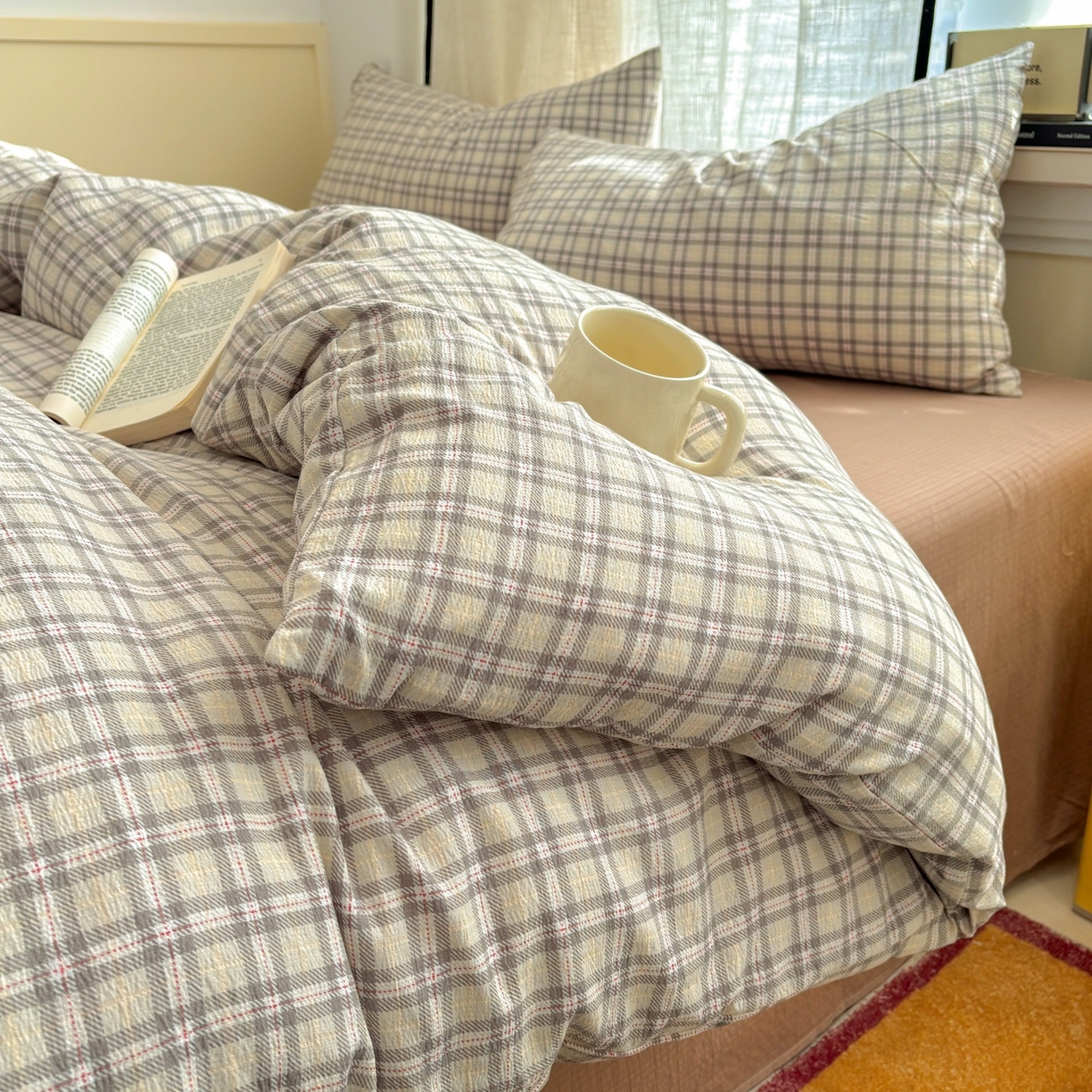 91家纺网 家纺一手货源 找家纺 N先生+V 13814689556 发大图/买家秀 2026新款无印风泡芙双层纱四件套 知禾-咖