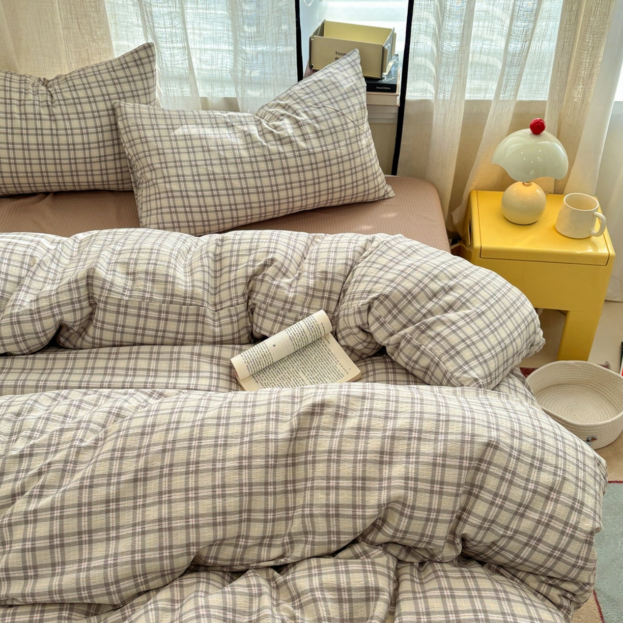 91家纺网 家纺一手货源 找家纺 N先生+V 13814689556 发大图/买家秀 2026新款无印风泡芙双层纱四件套 知禾-咖