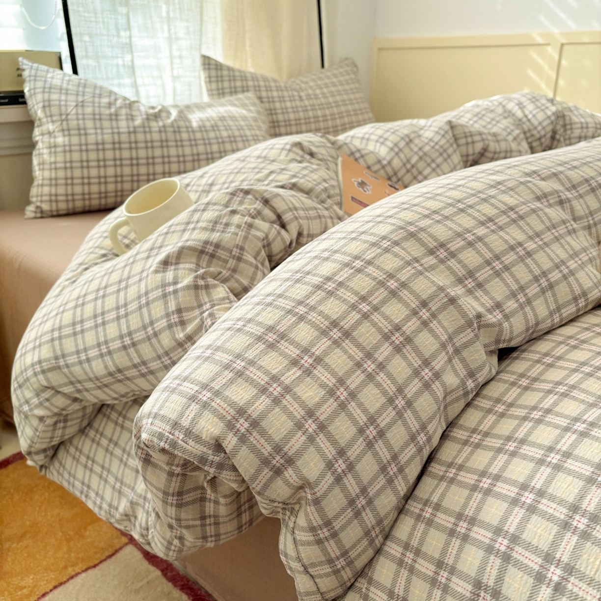 91家纺网 家纺一手货源 找家纺 N先生+V 13814689556 发大图/买家秀 2026新款无印风泡芙双层纱四件套 知禾-咖