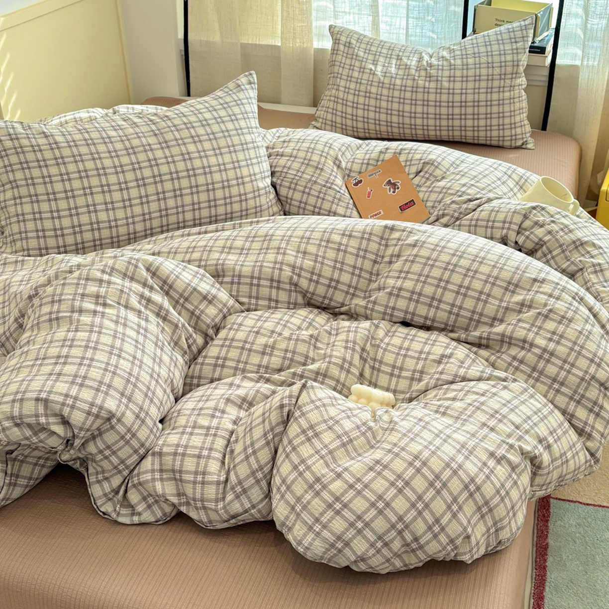 91家纺网 家纺一手货源 找家纺 N先生+V 13814689556 发大图/买家秀 2026新款无印风泡芙双层纱四件套 知禾-咖