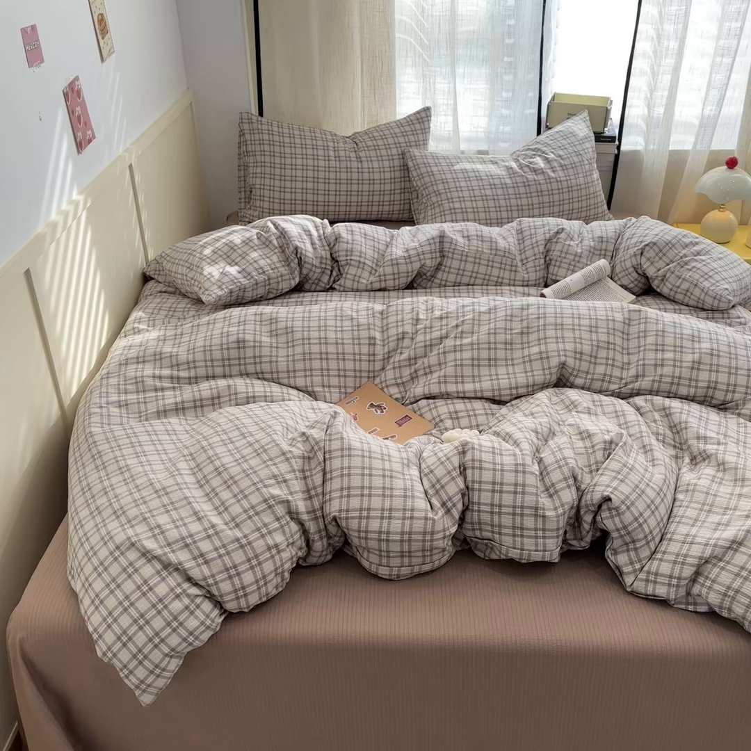 91家纺网 家纺一手货源 找家纺 N先生+V 13814689556 发大图/买家秀 2026新款无印风泡芙双层纱四件套 知禾-咖