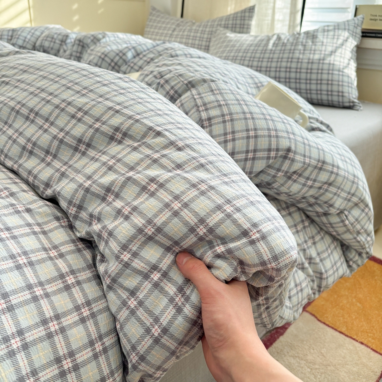 N先生+V 13814689556 发大图/买家秀 2026新款无印风泡芙双层纱四件套 知禾-蓝