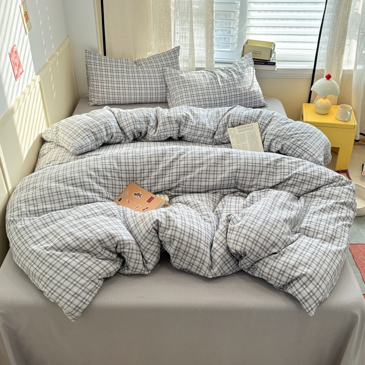 91家纺网 家纺一手货源 找家纺 N先生+V 13814689556 发大图/买家秀 2026新款无印风泡芙双层纱四件套 知禾-蓝