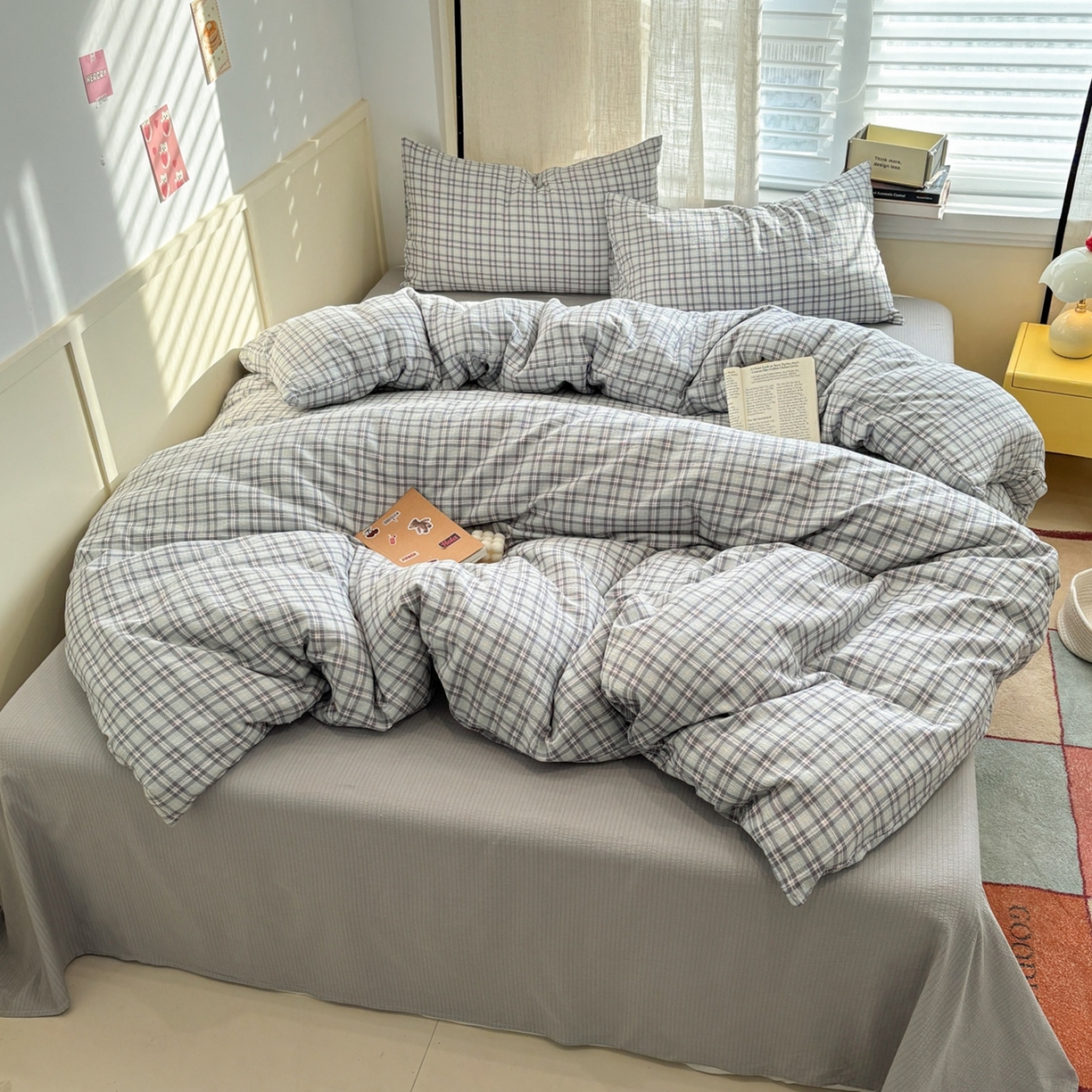 91家纺网 家纺一手货源 找家纺 N先生+V 13814689556 发大图/买家秀 2026新款无印风泡芙双层纱四件套 知禾-蓝