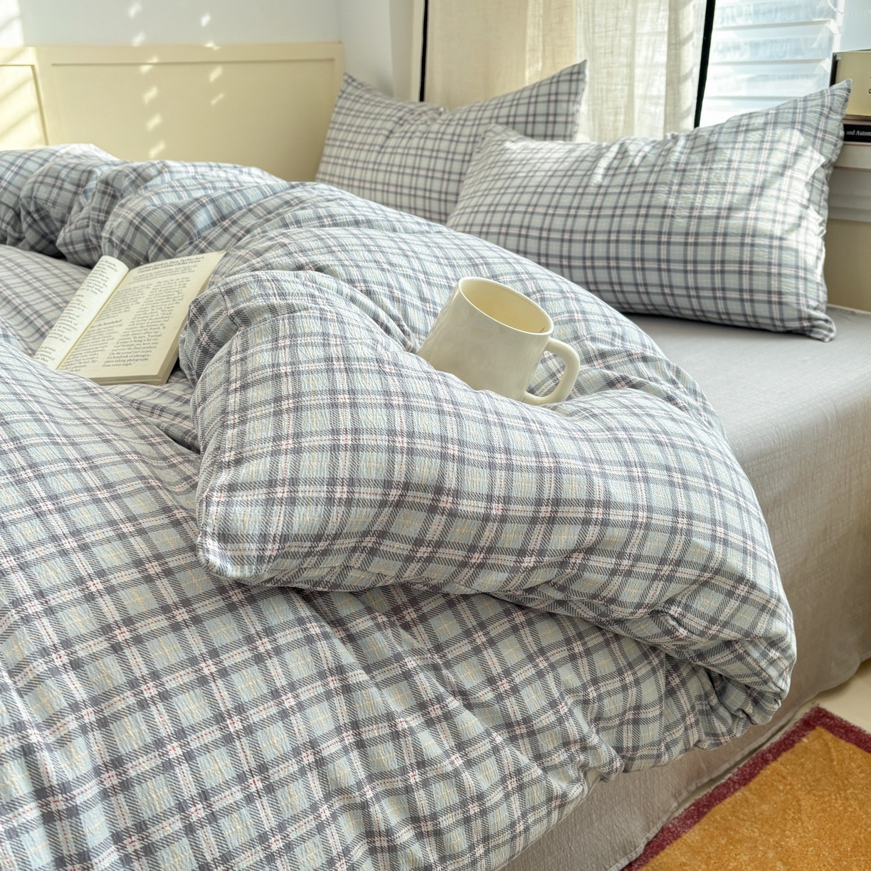 91家纺网 家纺一手货源 找家纺 N先生+V 13814689556 发大图/买家秀 2026新款无印风泡芙双层纱四件套 知禾-蓝