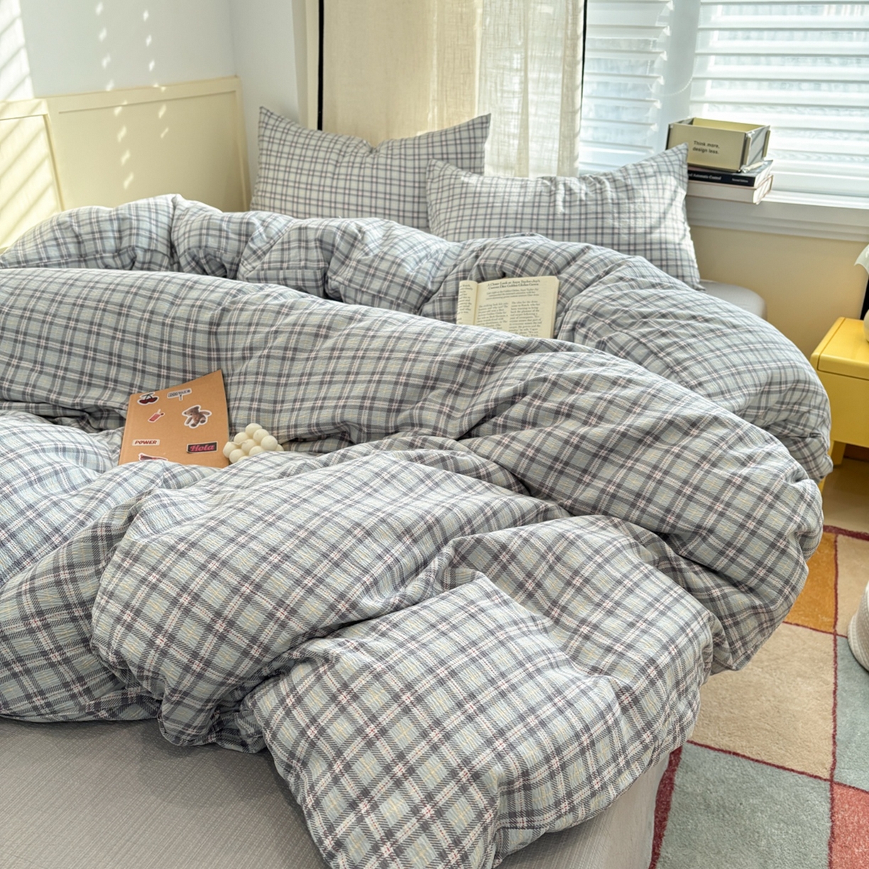 91家纺网 家纺一手货源 找家纺 N先生+V 13814689556 发大图/买家秀 2026新款无印风泡芙双层纱四件套 知禾-蓝