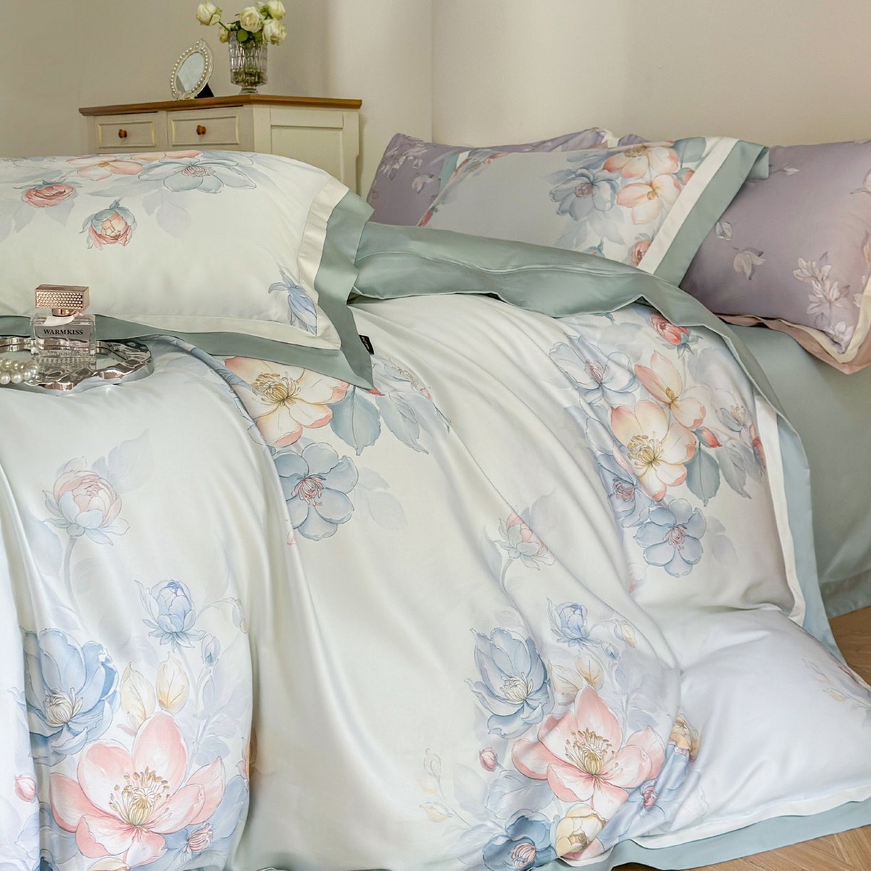 91家纺网 家纺一手货源 找家纺 （总）芯丝路家纺 2026新款天丝棉数码印花四件套（双拼角工艺款）