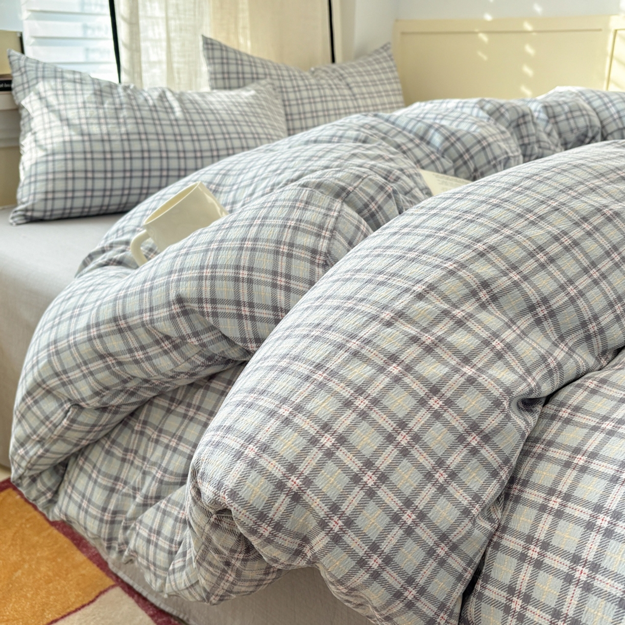 91家纺网 家纺一手货源 找家纺 N先生+V 13814689556 发大图/买家秀 2026新款无印风泡芙双层纱四件套 知禾-蓝